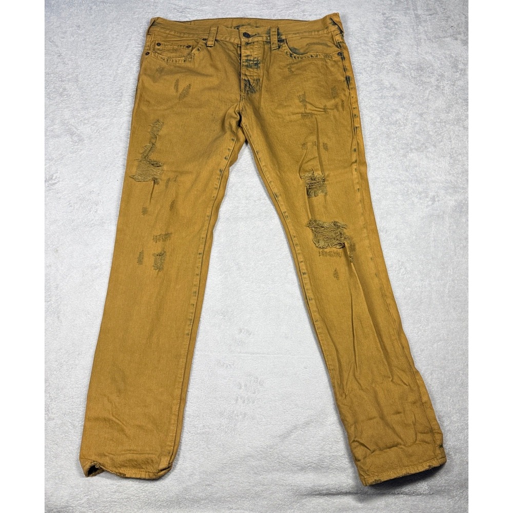 True Religion Rocco Jeans Mens 38 Yellow Distressed Relaxed Skinny MDAJ60N42A